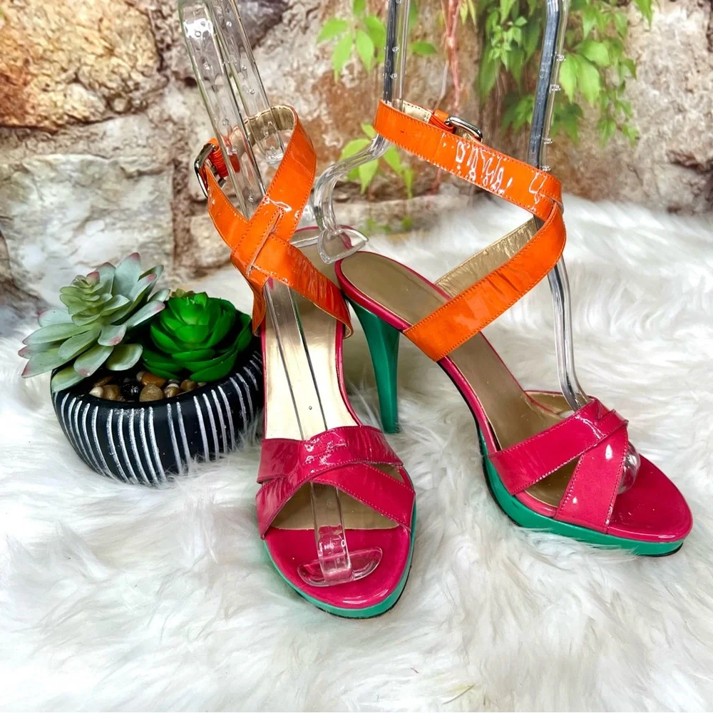 STUART WEITZMAN Patent Leather Multicolor Strappy Platform Sandals, 6.5 - Picture 7 of 15